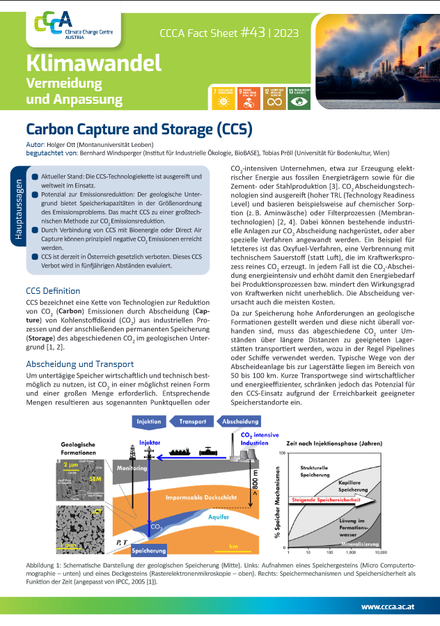 Screenshot des CCCA Factsheets zu CCS